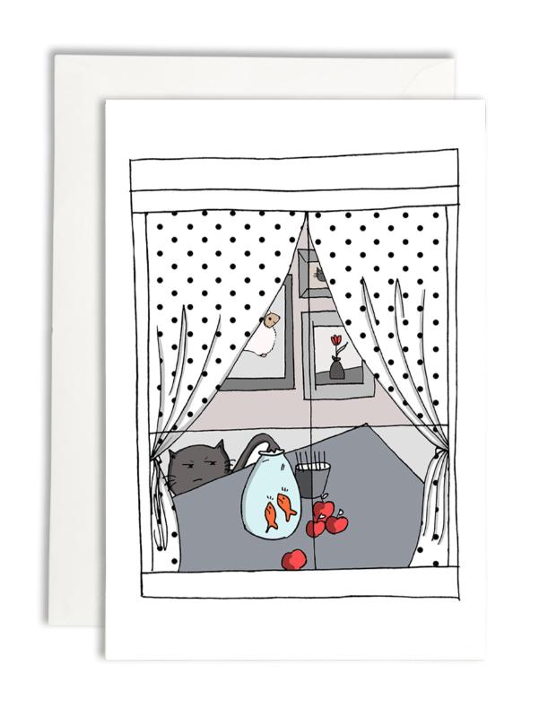 cute nowruz card showing a window with us looking in. we see a cat trying to catch some fish from the fish bowl. the red apples and bean sprouts symbolize a haft seen table. the card is placed against a matching white envelope, on a white background