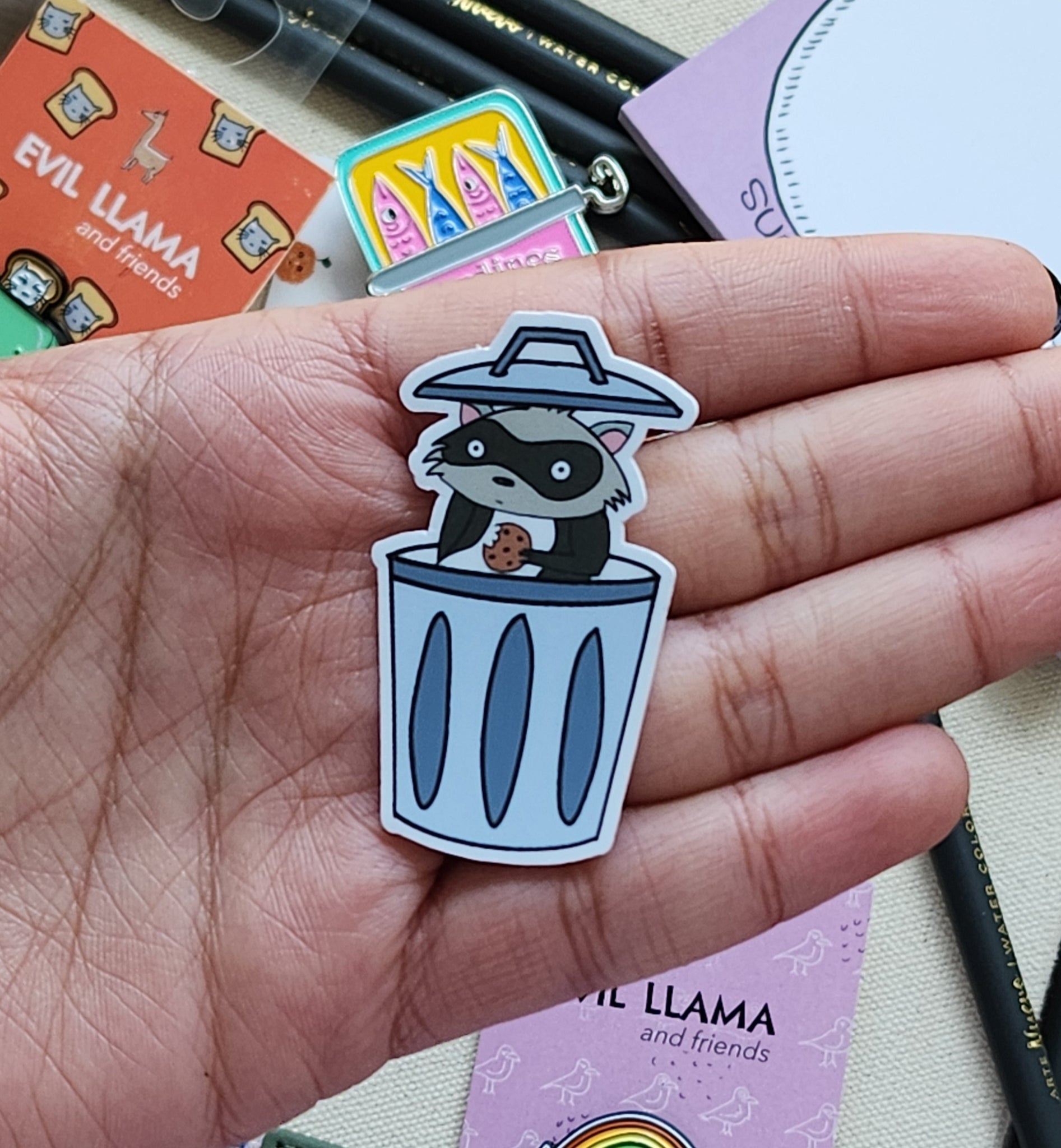 hand holding a sticker of a raccoon in a garbage can with a cookie, against a colourful background of various stationery items