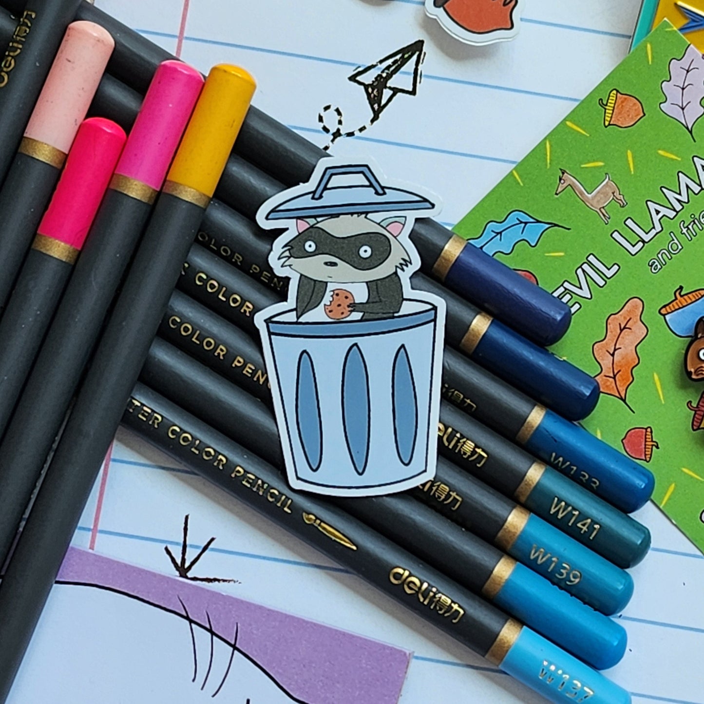 raccoon sticker on top of coloured pencils and other stationery items