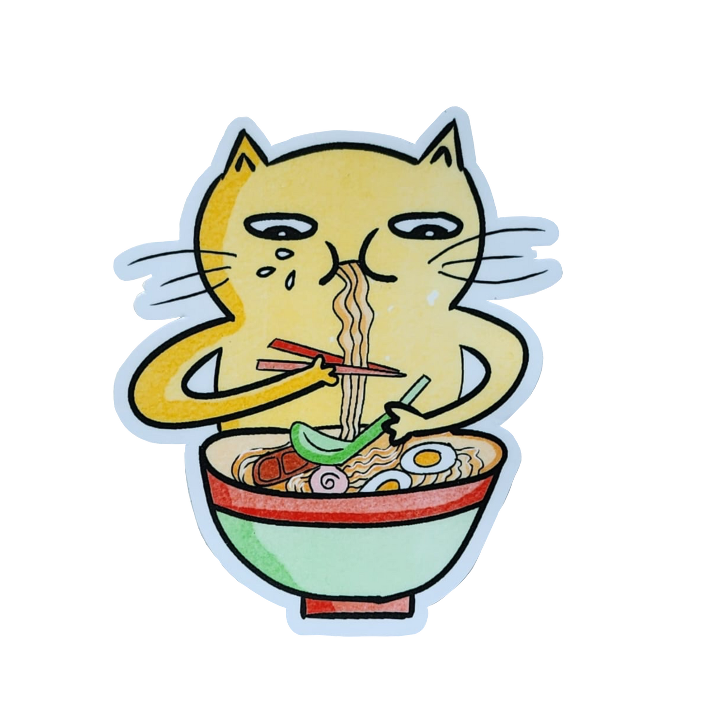 sticker of a cat eating ramen, against a white background