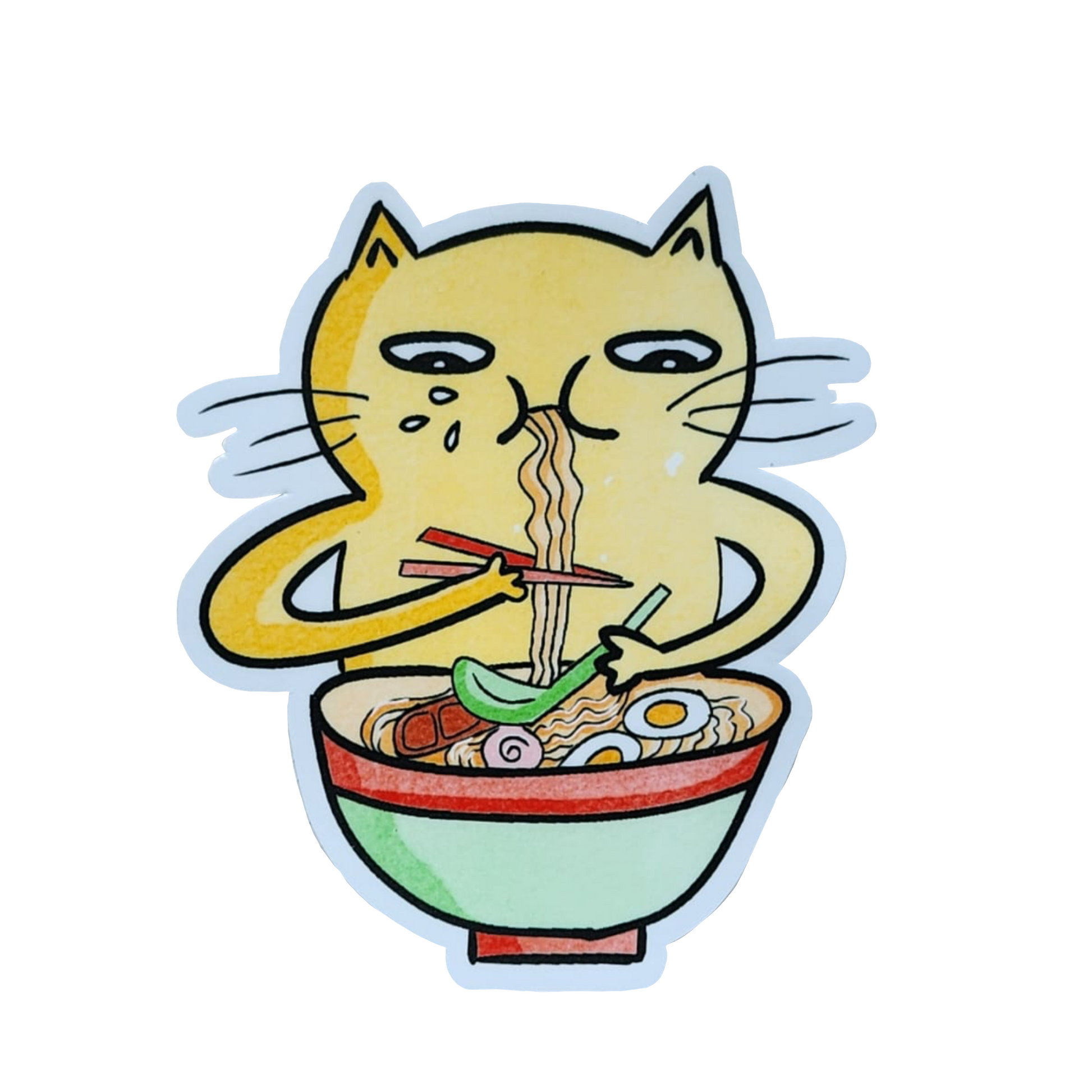 sticker of a cat eating ramen, against a white background