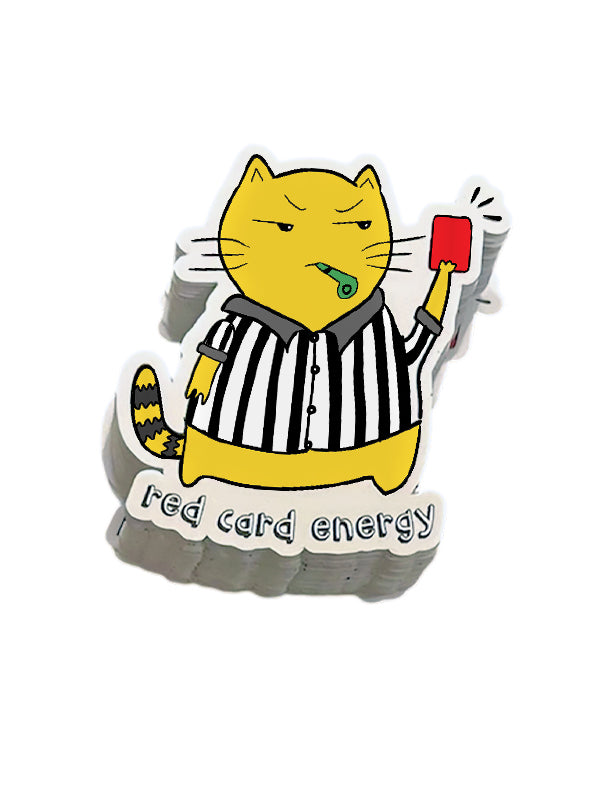 grumpy cartoon cat in a referee outfit holding a red card with 'red card energy' text on a white background