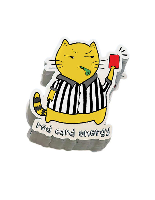 grumpy cartoon cat in a referee outfit holding a red card with 'red card energy' text on a white background