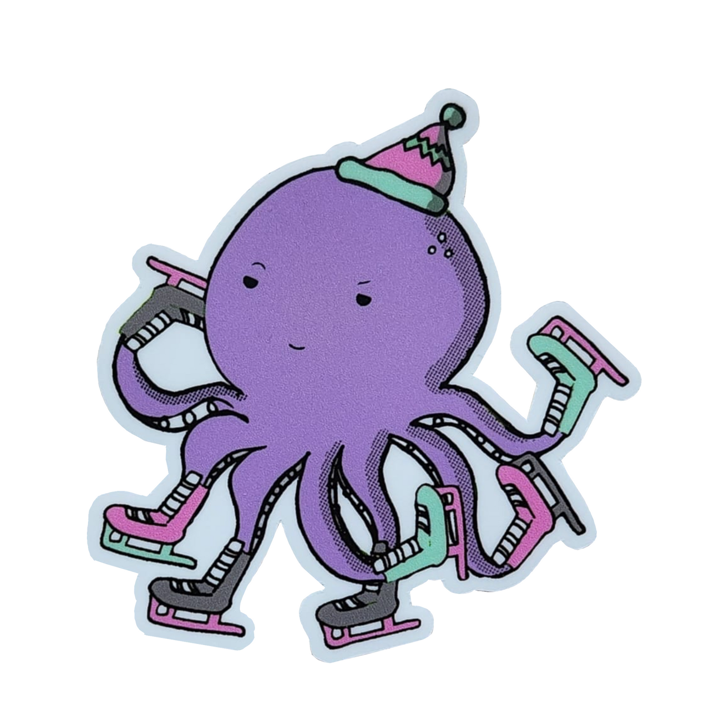 sticker of a purple skating octopus against a white background
