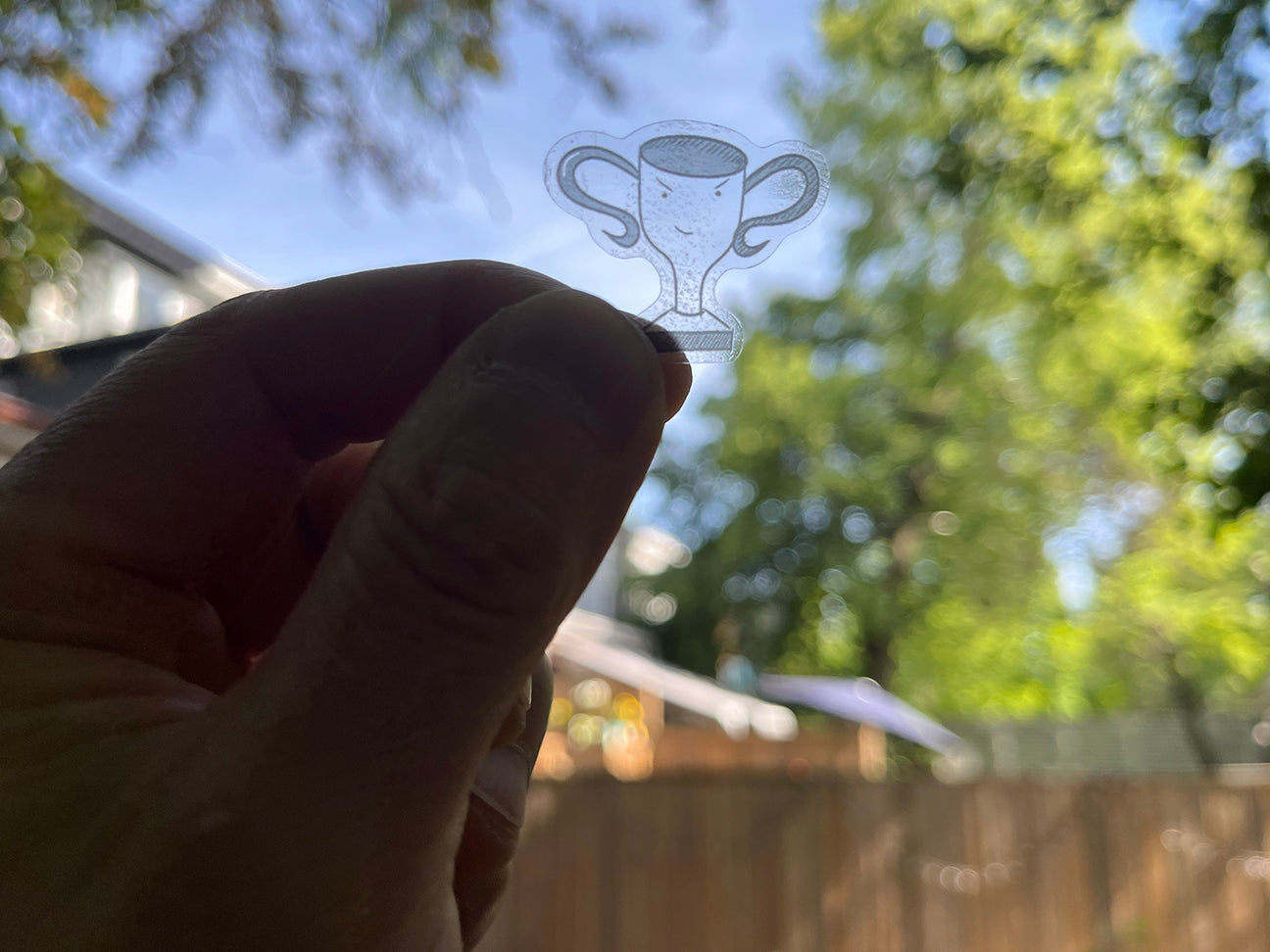hand holding a transparent soccer trophy sticker against a blurred background of sky and trees