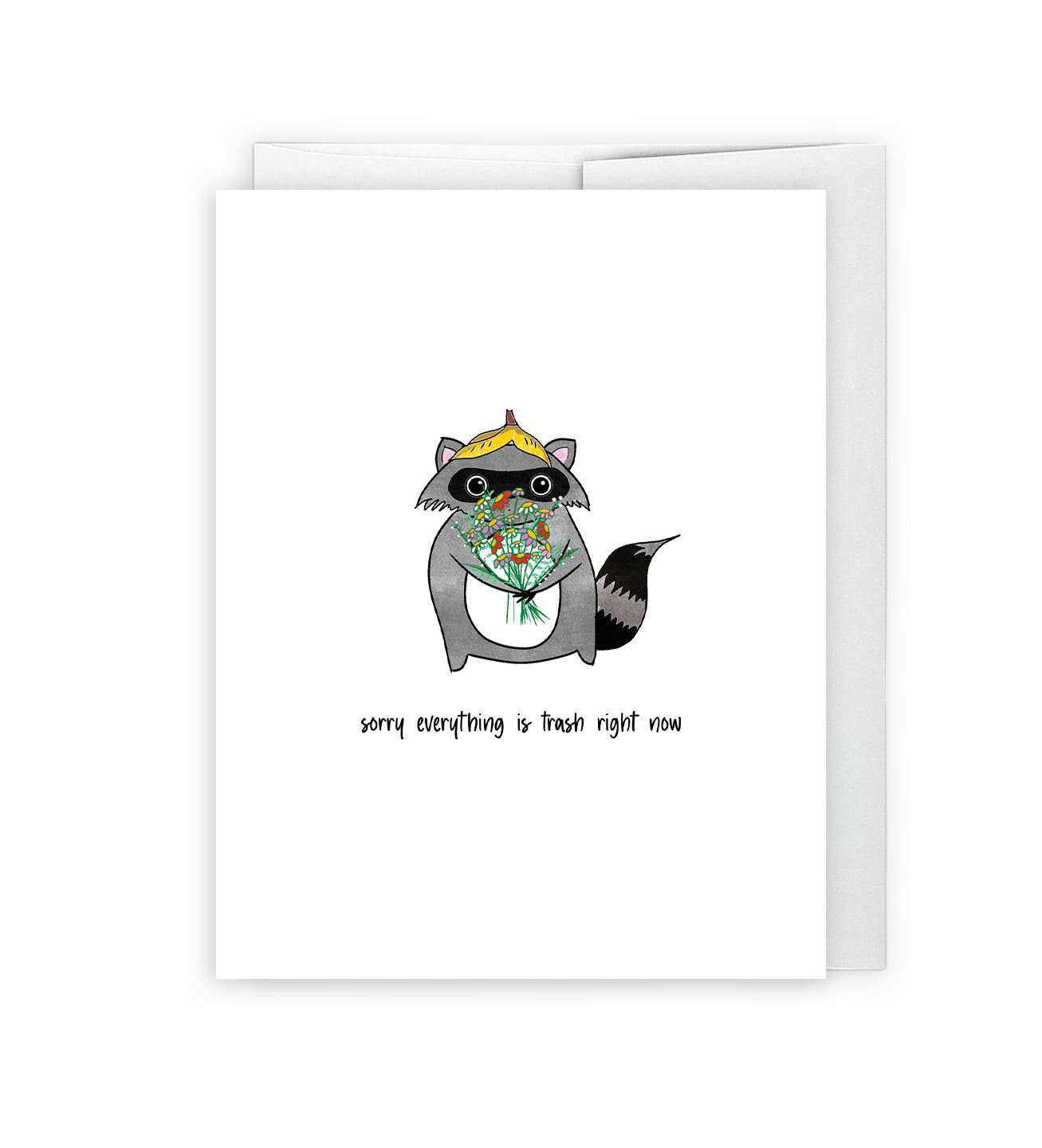 raccoon sympathy card with white envelope, against a plain white background. send this card to anyone who needs a little support, just to let them know you are thinking of them
