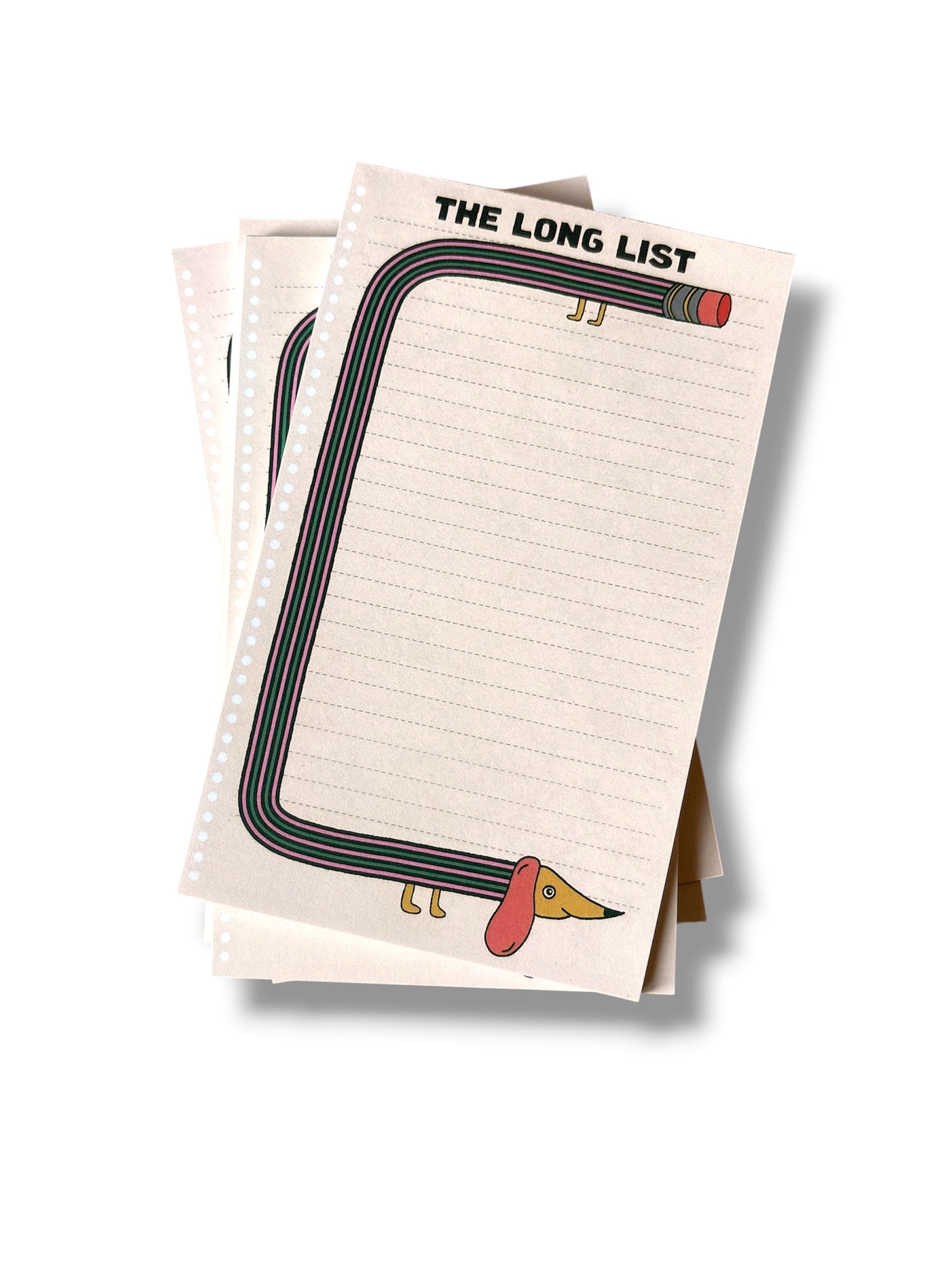Notepad with a quirky dachshund illustration and 'The Long List' text on a beige background