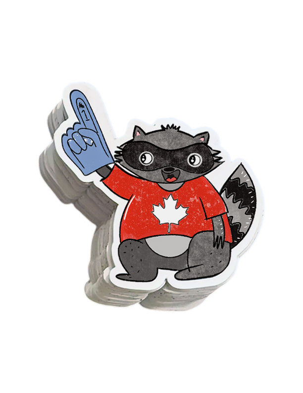 Sticker of a cheery raccoon wearing a team canada jersey, with a blue foam finger