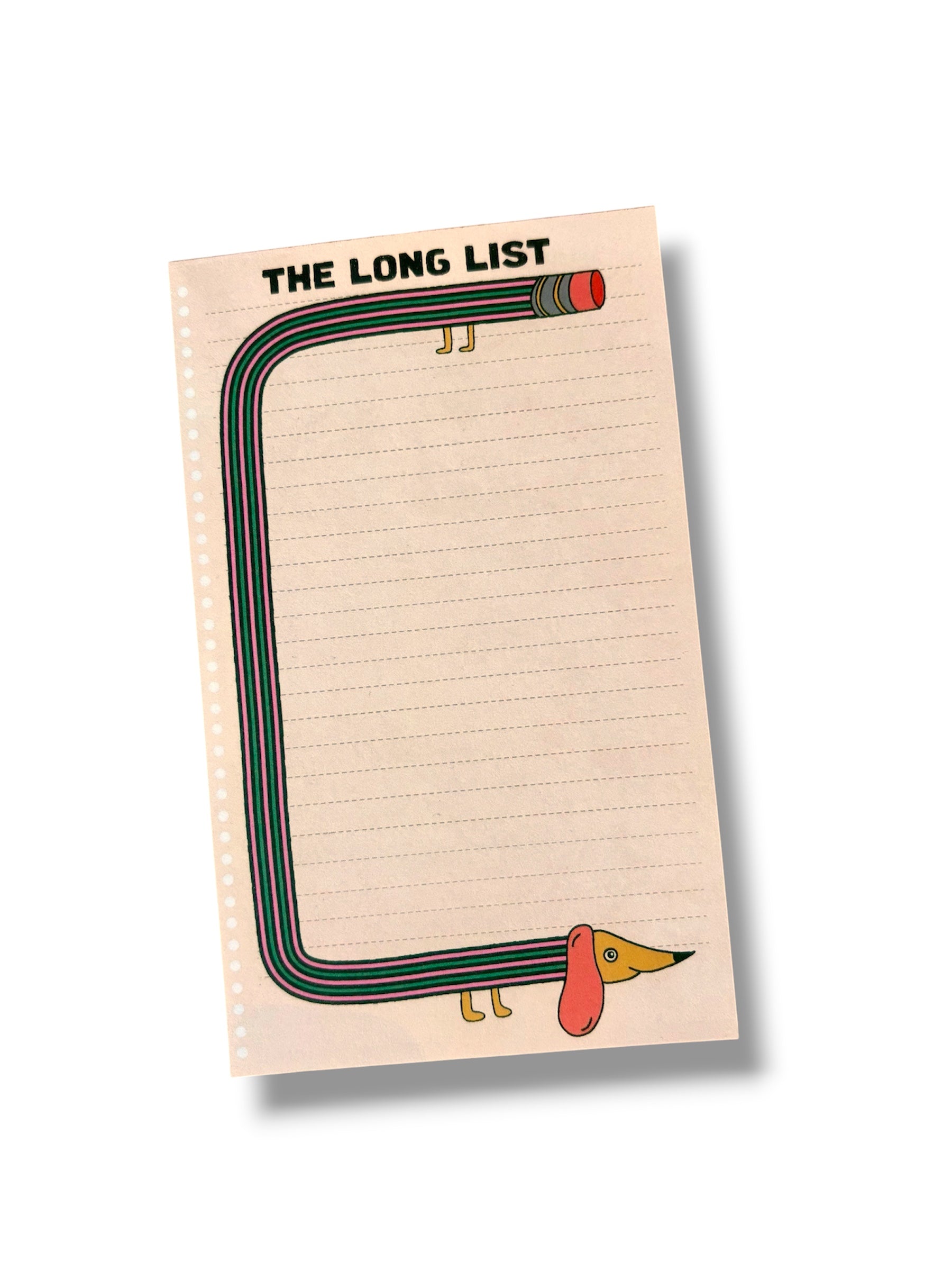 Notepad with a dog illustration and 'The Long List' text on a beige background