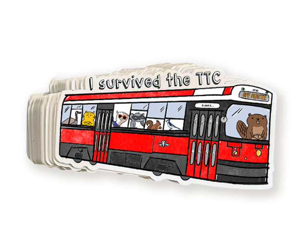 sticker showing a beaver driving a Toronto streetcar (TTC) with various animal passengers. the streetcar says "off route" in small font. the text on top reads "I survived the TTC"