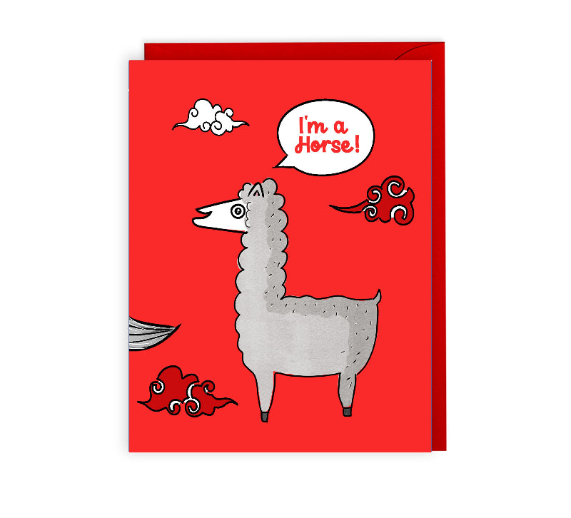 lunar new year card featuring a llama saying "I'm a horse" on a red background