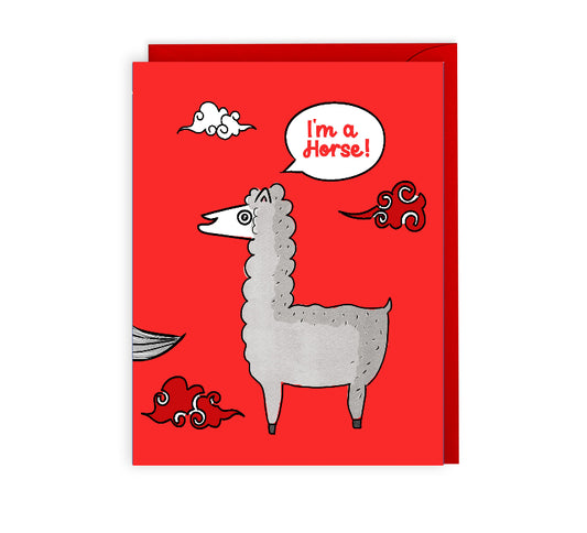 lunar new year card featuring a llama saying "I'm a horse" on a red background