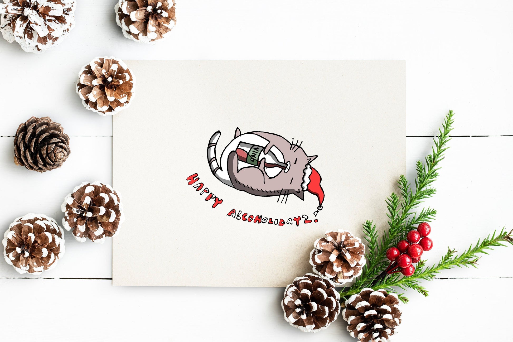 happy alcoholidayz! | wine cat greeting card | handmade | blank inside | 3.5" x 5"