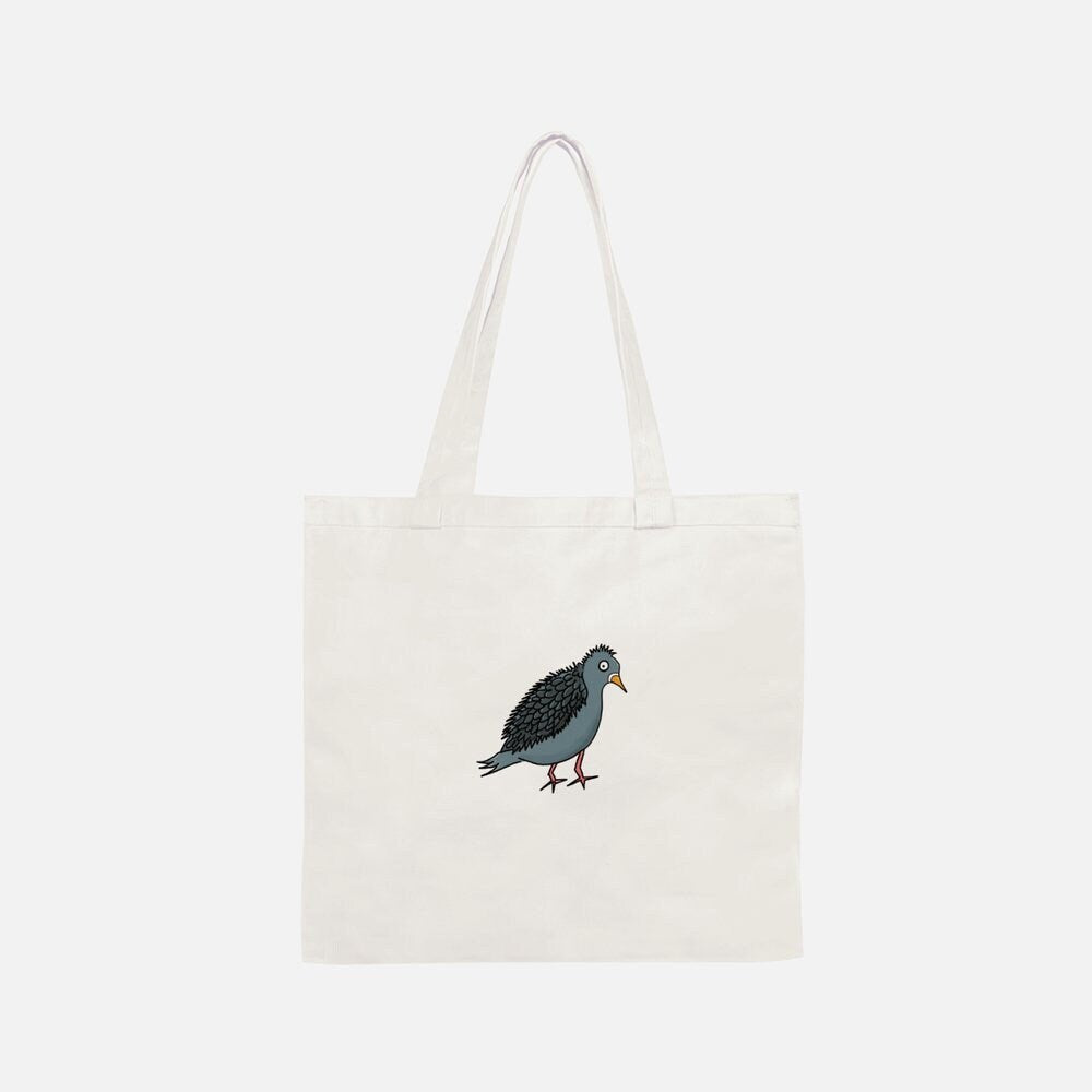 perturbed pigeon tote bag, funny canvas tote, mangy pigeon bag, confused animal, fun birthday gift, quirky screen printed gift for sister